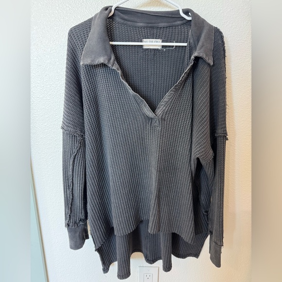 We The Free Sweaters - We The Free Charcoal Waffle-Knit Polo V-Neck Sweater